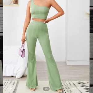 One Shoulder Crop Top & Flare Pants Set